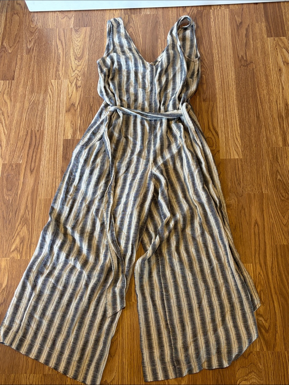 Max Studio Striped V-Neck Wide-Leg Jumpsuit in Blue and Cream